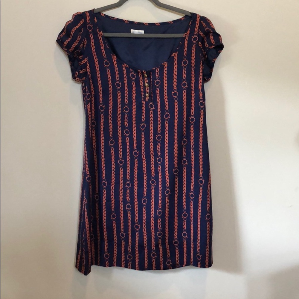 Shoshanna Silk Navy and Orange Chain Design Dress